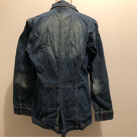 Contrast BLUE jean jacket long  button front SZ M vintage EUC pockets - Picture 4 of 7